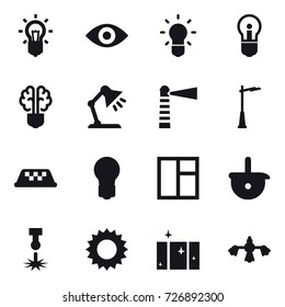 16 vector icon set : bulb, eye, bulb brain, table lamp, lighthouse, outdoor light, taxi, window, sun, clean  window, hard reach place cleaning