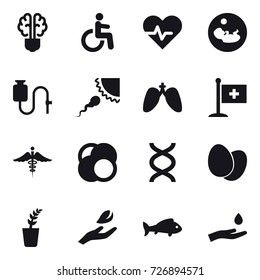 16 vector icon set : bulb brain, seedling, hand leaf, fish, hand and drop
