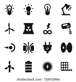 16 vector icon set : bulb, table lamp, windmill, nuclear power, infinity power, mixer