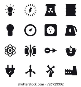 16 vector icon set : bulb, lightning, nuclear power, barometer, power socket, kettle, windmill, factory