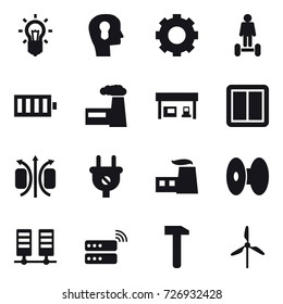 16 vector icon set : bulb, bulb head, gear, hoverboard, battery, factory, gas station, power switch, windmill