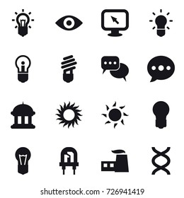 16 vector icon set : bulb, eye, monitor arrow, discussion, ballon, goverment house, sun