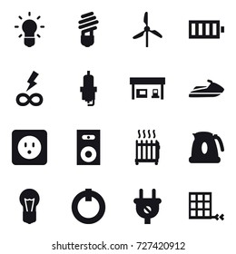 16 vector icon set : bulb, windmill, battery, infinity power, spark plug, gas station, jet ski, power socket, speaker, radiator, kettle