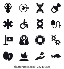 16 vector icon set : bulb brain, cell corection, dna, nipple, life vest, lifebuoy, sprouting, hand leaf, fish