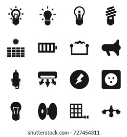 16 vector icon set : bulb, sun power, battery, electrostatic, megafon, spark plug, air conditioning, electricity, power socket, hard reach place cleaning
