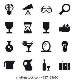 16 vector icon set : bulb brain, telescope, smart glasses, magnifier, wineglass, cocktail, mirror, measuring cup, jug, wine, clean  window