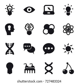 16 vector icon set : bulb, eye, notebook, bulb head, bulb brain, atom core, atom, dna, discussion, ballon, sun, cherry