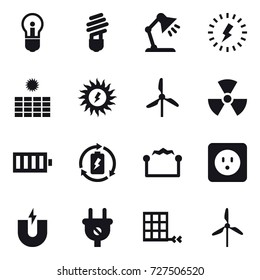 16 vector icon set : bulb, table lamp, lightning, sun power, windmill, nuclear, battery, battery charge, electrostatic, power socket