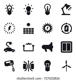 16 vector icon set : bulb, table lamp, lightning, sun power, battery charge, electric car, electrostatic, megafon, power switch, mixer, windmill