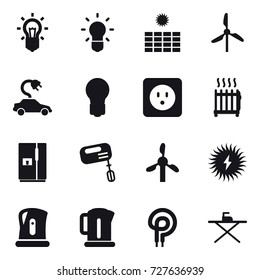 16 vector icon set : bulb, sun power, windmill, electric car, power socket, radiator, fridge, mixer, kettle, iron board