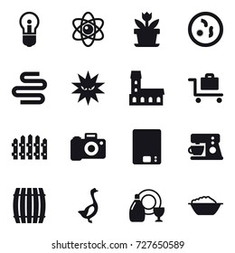 16 vector icon set : bulb, atom, flower, mansion, baggage trolley, fence, kitchen scales, barrel, goose, dish cleanser, foam basin