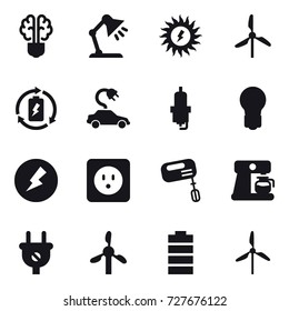 16 vector icon set : bulb brain, table lamp, sun power, windmill, battery charge, electric car, spark plug, bulb, electricity, power socket, mixer, coffee maker