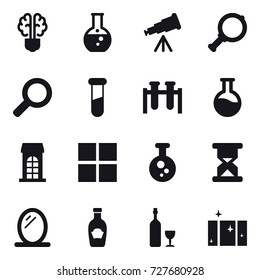16 vector icon set : bulb brain, round flask, telescope, magnifier, building, window, mirror, wine, clean  window