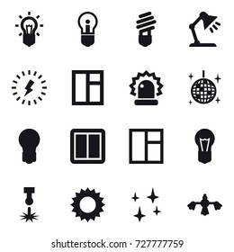 16 vector icon set : bulb, table lamp, lightning, window, disco ball, power switch, sun, shining, hard reach place cleaning