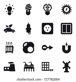 16 vector icon set : bulb, bulb brain, sun power, eco car, spark plug, power socket, power switch, radiator, windmill
