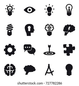 16 vector icon set : bulb, eye, bulb head, bulb brain, brain, gear, discussion, target, puzzle, draw compass