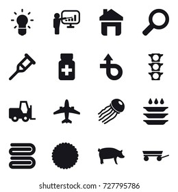 16 vector icon set : bulb, presentation, home, airplane, jellyfish, plate washing, towel, pig, trailer