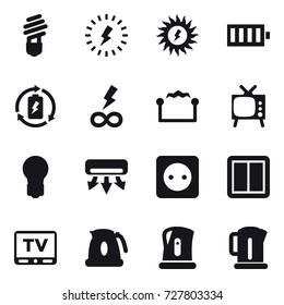 16 vector icon set : bulb, lightning, sun power, battery, battery charge, infinity power, electrostatic, tv, air conditioning, power socket, power switch, kettle