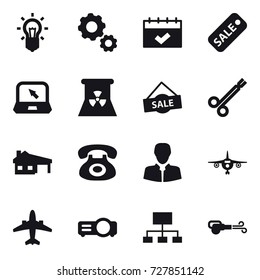 16 vector icon set : bulb, gear, calendar, sale, notebook, nuclear power, house with garage, plane, airplane, hierarchy, blower