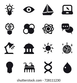 16 vector icon set : bulb, eye, boat, notebook, bulb brain, atom core, atom, discussion, table lamp, goverment house, sun, disco ball, drop