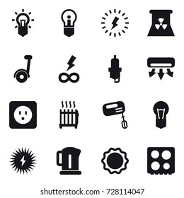 16 vector icon set : bulb, lightning, nuclear power, segway, infinity power, spark plug, air conditioning, power socket, radiator, mixer, kettle