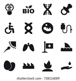 16 vector icon set : bulb brain, bio, dna, nipple, shark flipper, seedling, sprouting, hand and drop