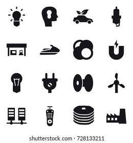 16 vector icon set : bulb, bulb head, eco car, spark plug, gas station, jet ski, factory