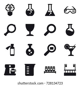 16 vector icon set : bulb brain, round flask, flask, smart glasses, magnifier, wineglass, cocktail, coffee maker, measuring cup, skyscapers cleaning