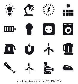 16 vector icon set : bulb, table lamp, lightning, sun power, battery, power socket, washing machine, kettle, windmill, water pump, iron