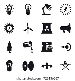 16 vector icon set : bulb, table lamp, lightning, sun power, windmill, nuclear power, megafon, spark plug, mixer, coffee maker, hard reach place cleaning, iron board