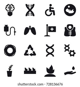 16 vector icon set : bulb brain, dna, life vest, lifebuoy, seedling, sprouting, hand and drop