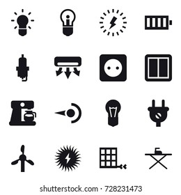 16 vector icon set : bulb, lightning, battery, spark plug, air conditioning, power socket, power switch, coffee maker, iron board