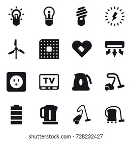 16 vector icon set : bulb, lightning, windmill, cpu, air conditioning, power socket, tv, kettle, vacuum cleaner
