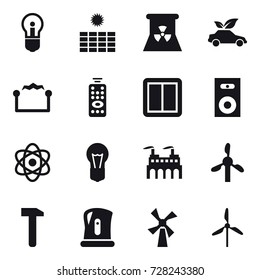 16 vector icon set : bulb, sun power, nuclear power, eco car, electrostatic, remote control, power switch, speaker, kettle, windmill