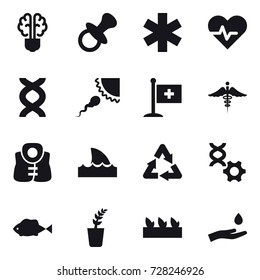 16 vector icon set : bulb brain, nipple, life vest, shark flipper, seedling, hand and drop