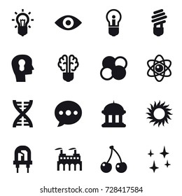 16 vector icon set : bulb, eye, bulb head, bulb brain, atom core, atom, dna, ballon, goverment house, sun, cherry, shining