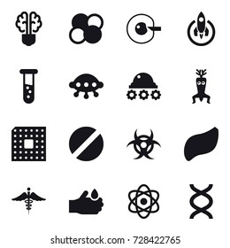 16 vector icon set : bulb brain, atom core, cell corection, rocket, vial, ufo, lunar rover, dna modify, cpu