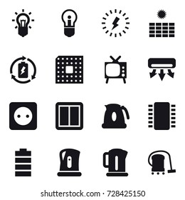 16 vector icon set : bulb, lightning, sun power, battery charge, cpu, tv, air conditioning, power socket, power switch, kettle, vacuum cleaner