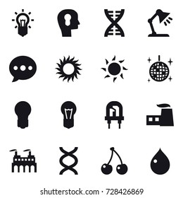 16 vector icon set : bulb, bulb head, dna, table lamp, ballon, sun, disco ball, cherry, drop