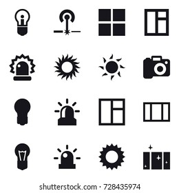16 vector icon set : bulb, laser, window, sun, camera, alarm, clean  window
