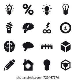 16 vector icon set : bulb, percent, brain, infinity power, info, bridge, 3d, pencil, smart house