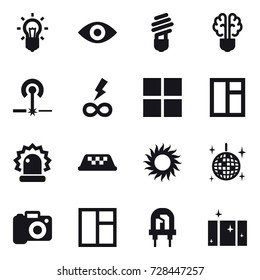 16 vector icon set : bulb, eye, bulb brain, laser, infinity power, window, taxi, sun, disco ball, camera, clean  window