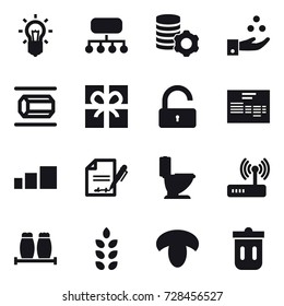 16 vector icon set : bulb, structure, virtual mining, chamical industry, nanotube, gift, unlock, toilet, spikelets, mushroom, trash bin