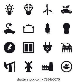 16 vector icon set : bulb, bulb brain, windmill, eco car, electric car, electrostatic, spark plug, electricity, power switch, factory, ecology