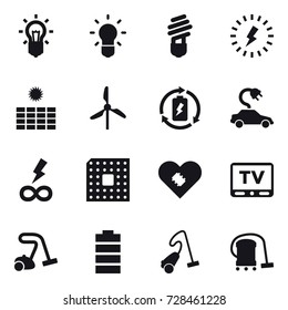 16 vector icon set : bulb, lightning, sun power, windmill, battery charge, electric car, infinity power, cpu, tv, vacuum cleaner