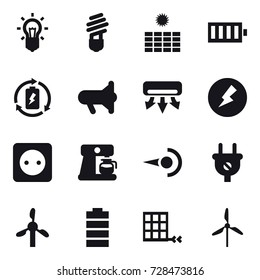16 vector icon set : bulb, sun power, battery, battery charge, megafon, air conditioning, electricity, power socket, coffee maker, windmill