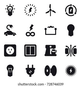 16 vector icon set : bulb, lightning, windmill, battery charge, electric car, infinity power, electrostatic, power socket, power switch, coffee maker