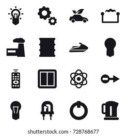16 vector icon set : bulb, gear, eco car, electrostatic, factory, jet ski, remote control, power switch, kettle