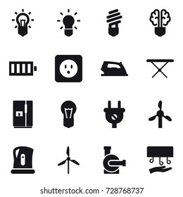 16 vector icon set : bulb, bulb brain, battery, power socket, iron, iron board, fridge, kettle, windmill, water pump, hand dryer