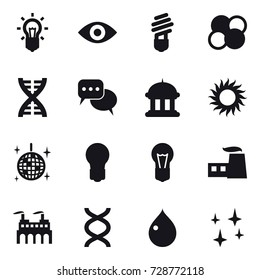 16 vector icon set : bulb, eye, atom core, dna, discussion, goverment house, sun, disco ball, drop, shining